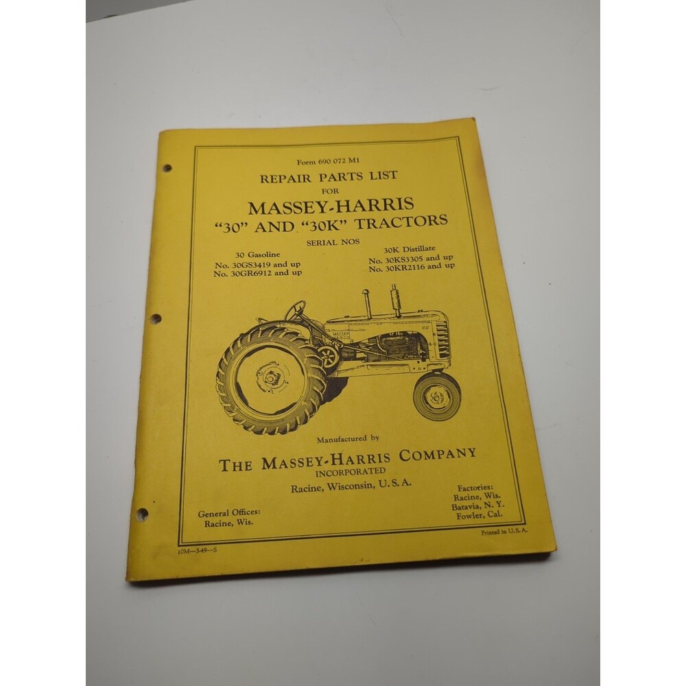 Repair Parts List For Massey-Harris “30” And “30k” Tractors. Form 690072M1